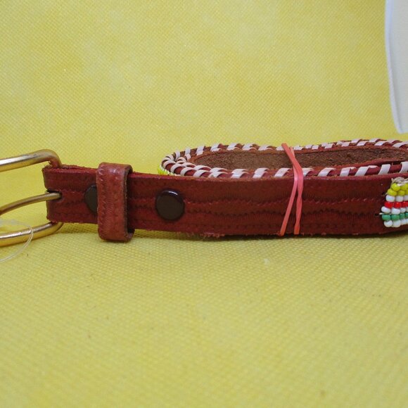 Seed Bead Tan Embossed Genuine Leather Belt Gold Tone Buckle Southwestern Beaded - Picture 3 of 6
